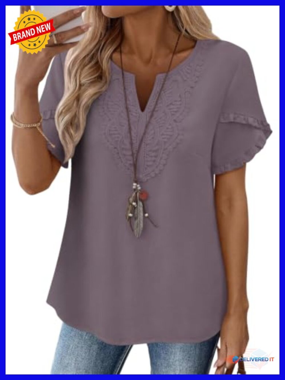 Boho Lace V Neck Ruffle Sleeve Blouse Women Summer Tunic Top